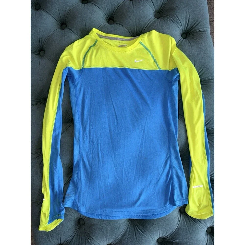 Nike Running Miler Long Sleeve Shirt Blue Bright Yellow Women’s Size XS